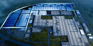 Rendering of the future high-voltage battery assembly in Shenyang. The blue highlighted structures are the new project buildings (BMW)